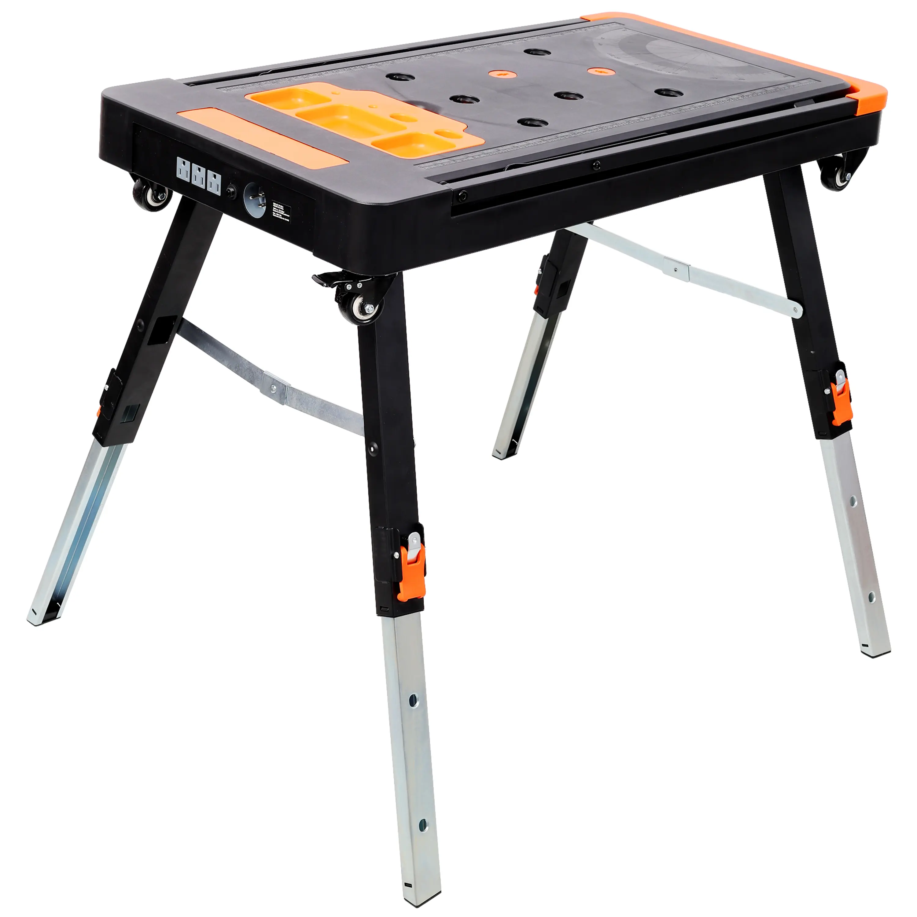 8-in-1 multifunctional folding heavy-duty workbench, capable of bearing 550 LBS with American socket, adjustable height with lockable swivel wheels, switching to replace saw horse scaffolding, trolley, lying board, garage, workshop, and household use