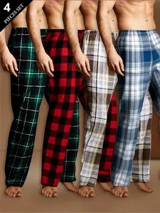 Men's Four-Piece Casual Plaid Pajama Sleepwear Pants Set, Soft and Comfortable, Fitted Long Regular Fit, All Seasons Wear, Checked Pattern, Pj Set
