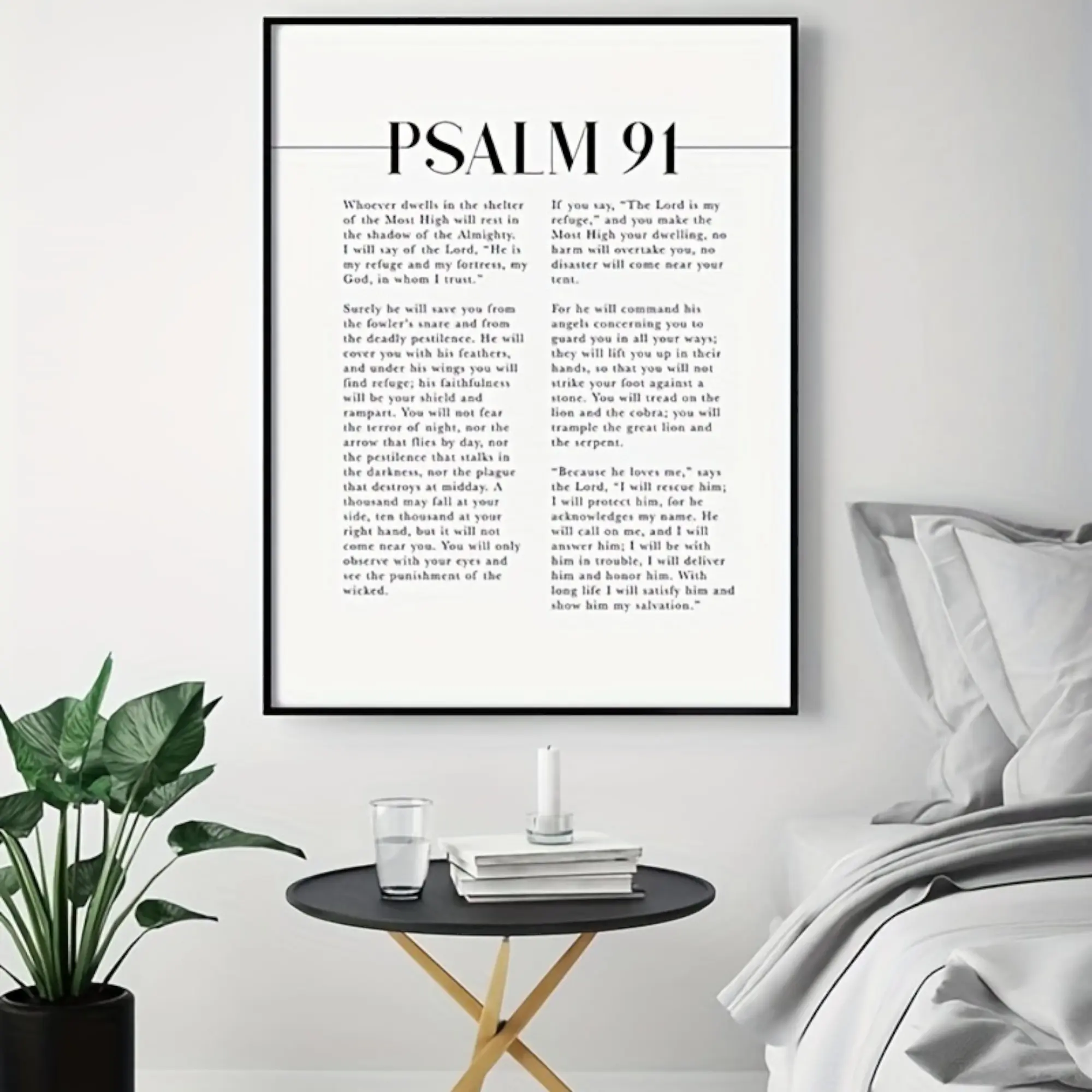 Christian Minimalist Psalm 91 Bible Verse Hanging Painting - Artistic Wood Frame & Frameless Options, Multi-Size Black and White Scripture Wall Decoration, Fade Resistant Religious Home Decor Gift for Rooms