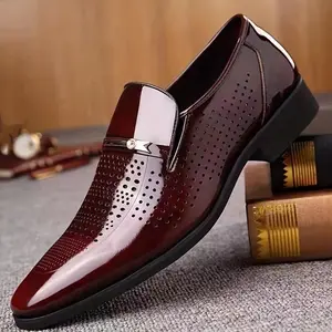 FormalFootwear|Men'sElegantBurgundySlip-OnDressShoes-BreathableHollowOutDesign,ComfortablePUInterior,SoftRubberSoleforBusinessMeetings&SocialEvents