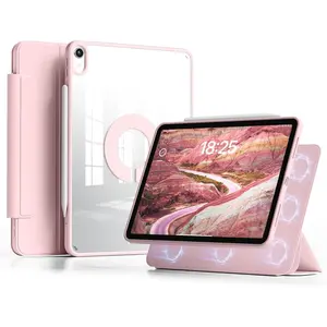 Clear Case for iPad mini 6/7 、iPad 10th/11th Gen、Air 4/5/6/7、Air 13 pro 12.9、Pro11 inch , Three-fold tablet stand Detachable Magnetic Rotating Transparent Hard PC Back,Vertical Stand, Tablet Protective Cover, iPad Accessories (Pink)