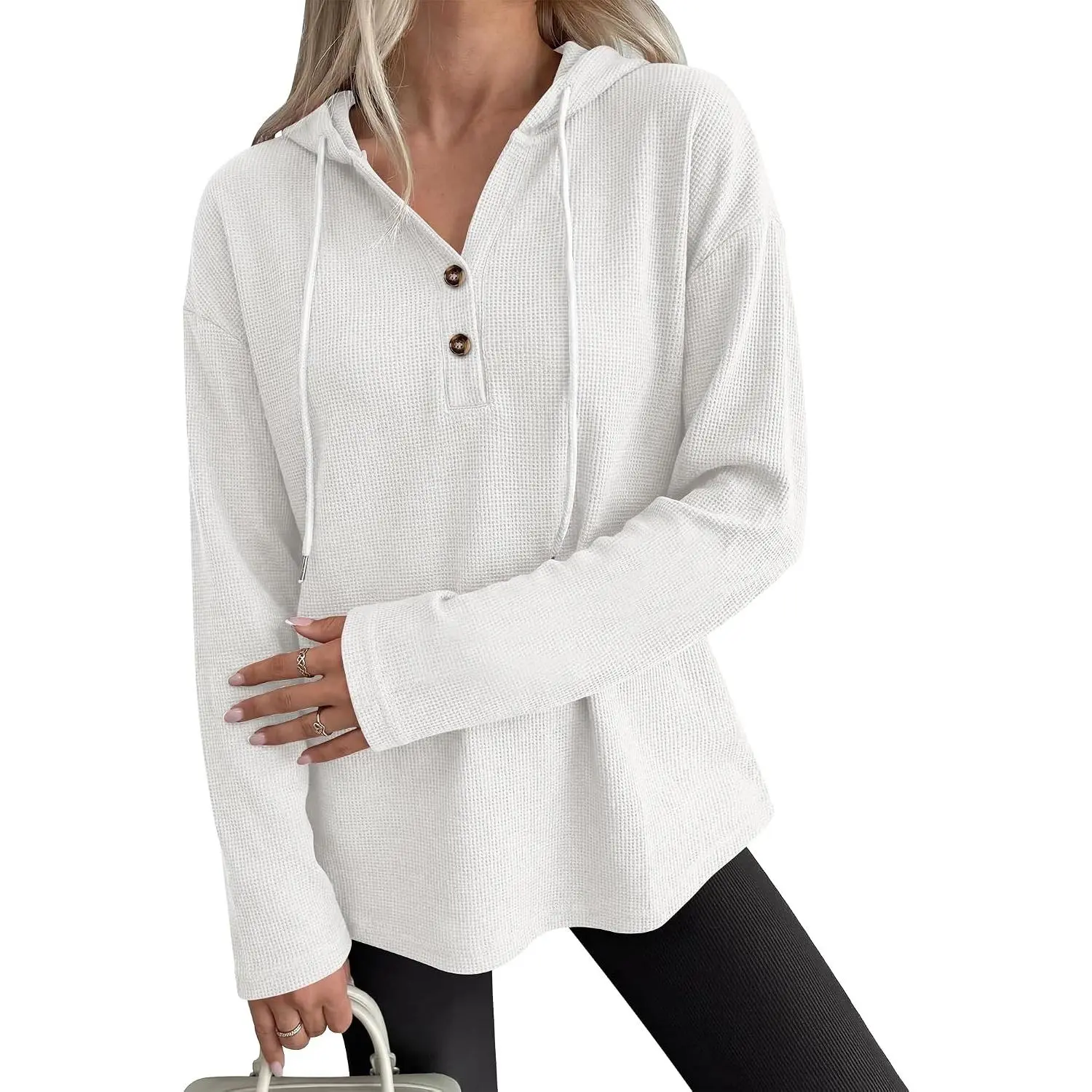 ANRABESS Waffle Knit Hoodies for Women, Cozy Drawstring Loose Fit, Long Sleeve Sweatshirt Tops for Casual Everyday Wear, Work