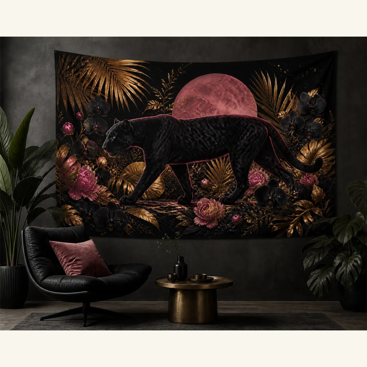 Black Panther Wall Tapestry, Pink Moon Floral Gothic Jungle Design, Lightweight Linen Fabric Wall Hanging for Bedroom or Living Room Decor