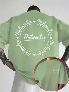Men's Milwaukee Handwritten Print Loose T-Shirt, Minimalist Street Style Top, Casual Long Sleeve Slim Fit Tee for All Seasons