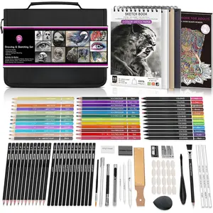 100 count Drawing & Sketching Set, Professional Art Supplies with Graphite,Charcoal, Colored,Watercolor,Metallic Pencils,Blending Tools,Sketchbook and Coloring Book in Zipper Case (Black)