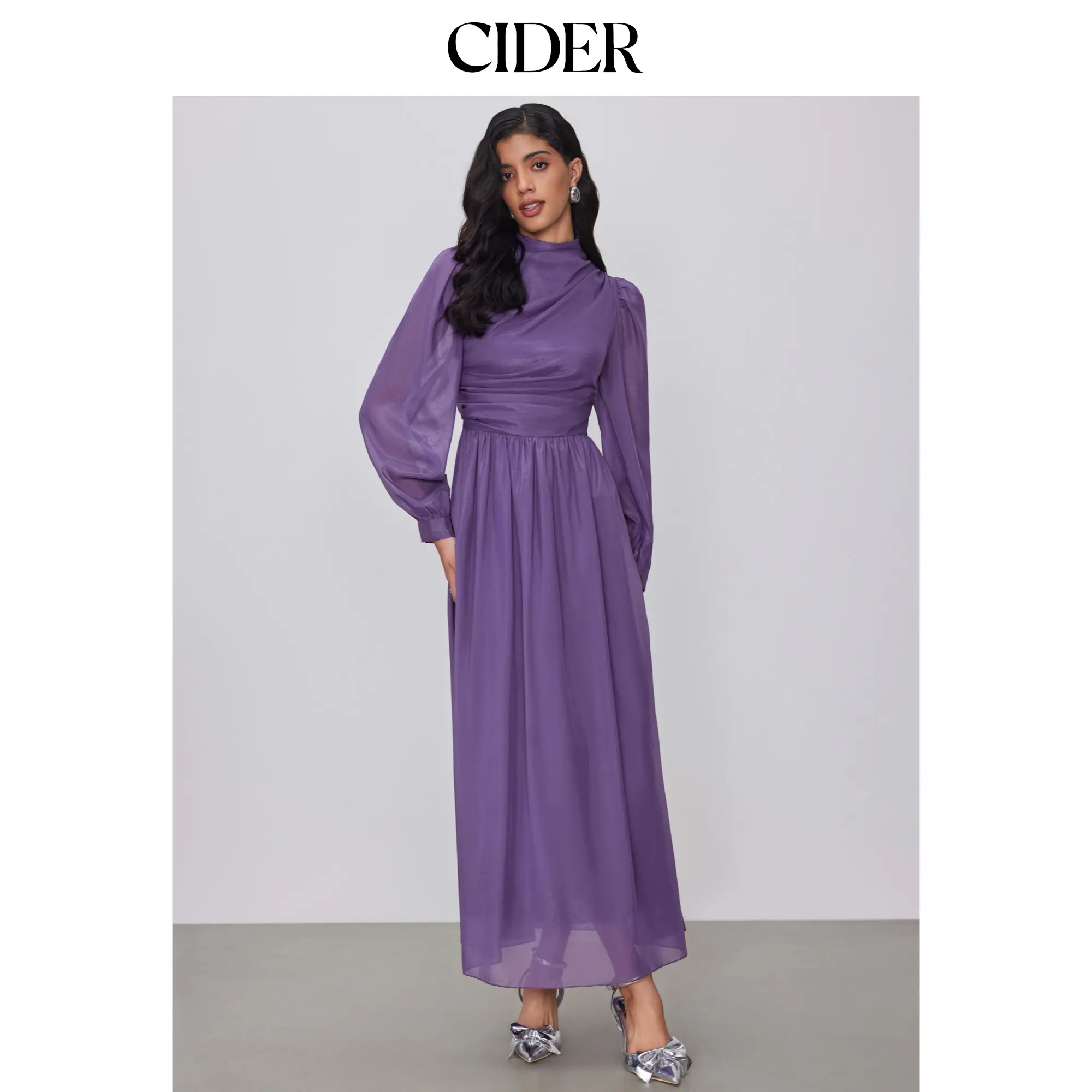 Cider [2 colors, size 0-10] Solid Ruched Puff Sleeve Maxi Dress
