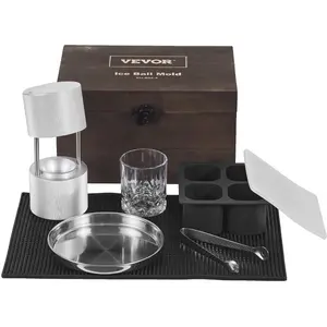 VEVOR Ice Ball Press Kit, Aircraft Al Alloy Ice Press with Ice Block Mold, Large Mat, Tong, Drip Tray, One Glass, Round Ice Ball Maker 2.4/60 mm Ice Sphere, for Whiskey, Cocktail on Party Holiday