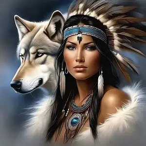 New Arrival DIY 5D Diamond Painting Kit, Indian Woman & Wolf Theme, Full Drill Mosaic Craft, Home Wall Decor Gift