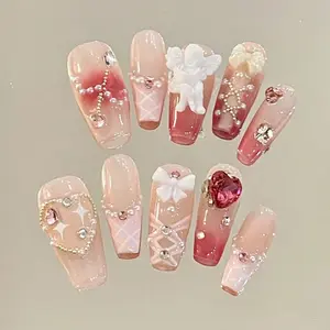 Square Press On Nails - Soft Gel Press On Nails Short, 10Pcs Reusable Fake Nails Kit Cute