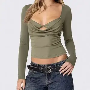 Women’s Sexy V-Neck Pleated Long-Sleeve Layered Bra Top with Cowl Neck