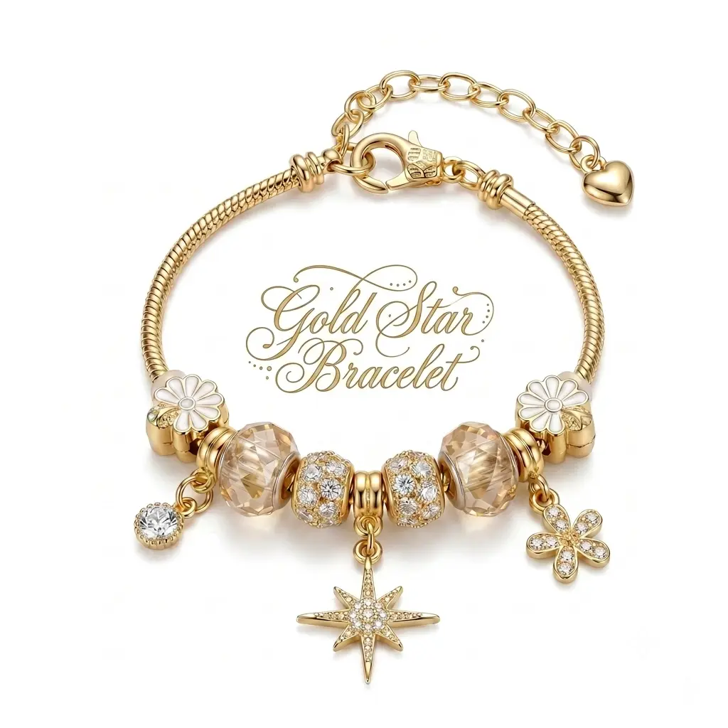 Gold Flower Charm Bracelet for Women, Vintage Alloy Jewelry with 8-Point Star and Rhinestone Details, Adjustable 20cm Chain, Flowers, Retro, Bracelet With Charms, Titanium Alloy, Star Flowers
