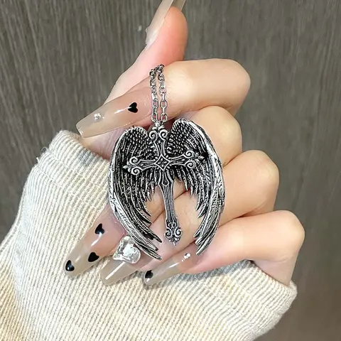 Unisex Stainless Steel Silver Guardian Angel Wing Cross Necklace with Metal Chain - Elegant Look, Angelwing Accent for Adults' Daily Wear & Party Occasions, Guardian Angel Wings Cross