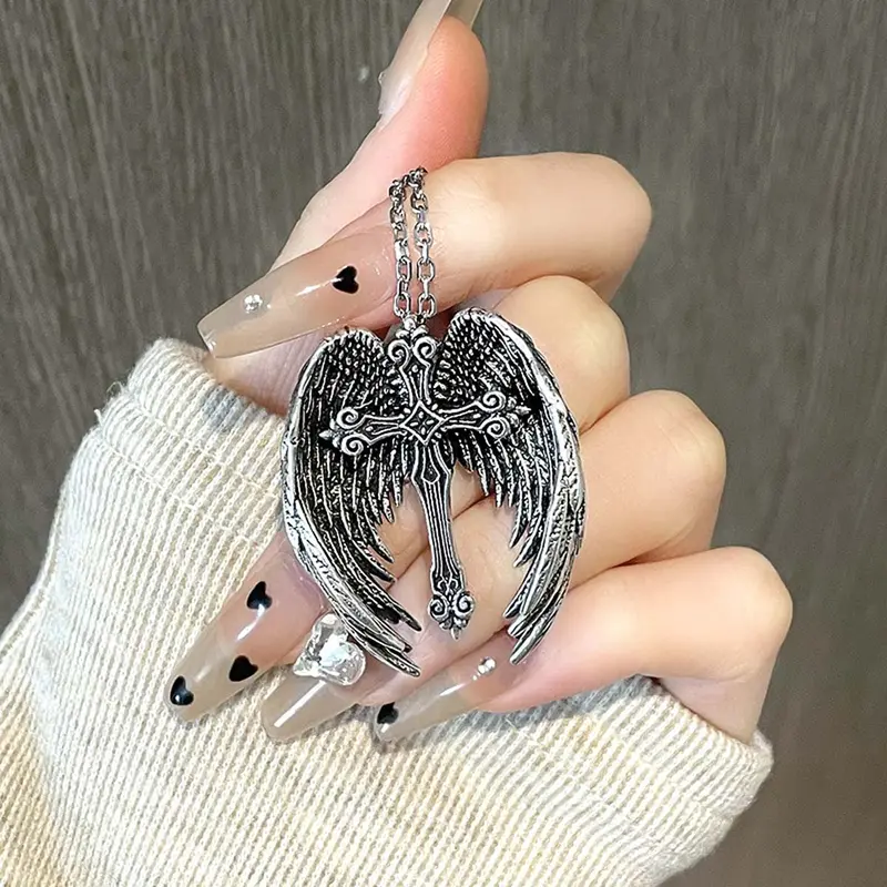 Unisex Stainless Steel Silver Guardian Angel Wing Cross Necklace with Metal Chain - Elegant Look, Angelwing Accent for Adults' Daily Wear & Party Occasions, Guardian Angel Wings Cross