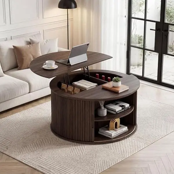Loftiage 31.5" Round Lift Top Coffee Table with Storage, Fluted Drum Coffee Table with 360° Sliding Door & Open Side Shelves, Space Saving Coffee Table for Living Room & Small Spaces, Walnut