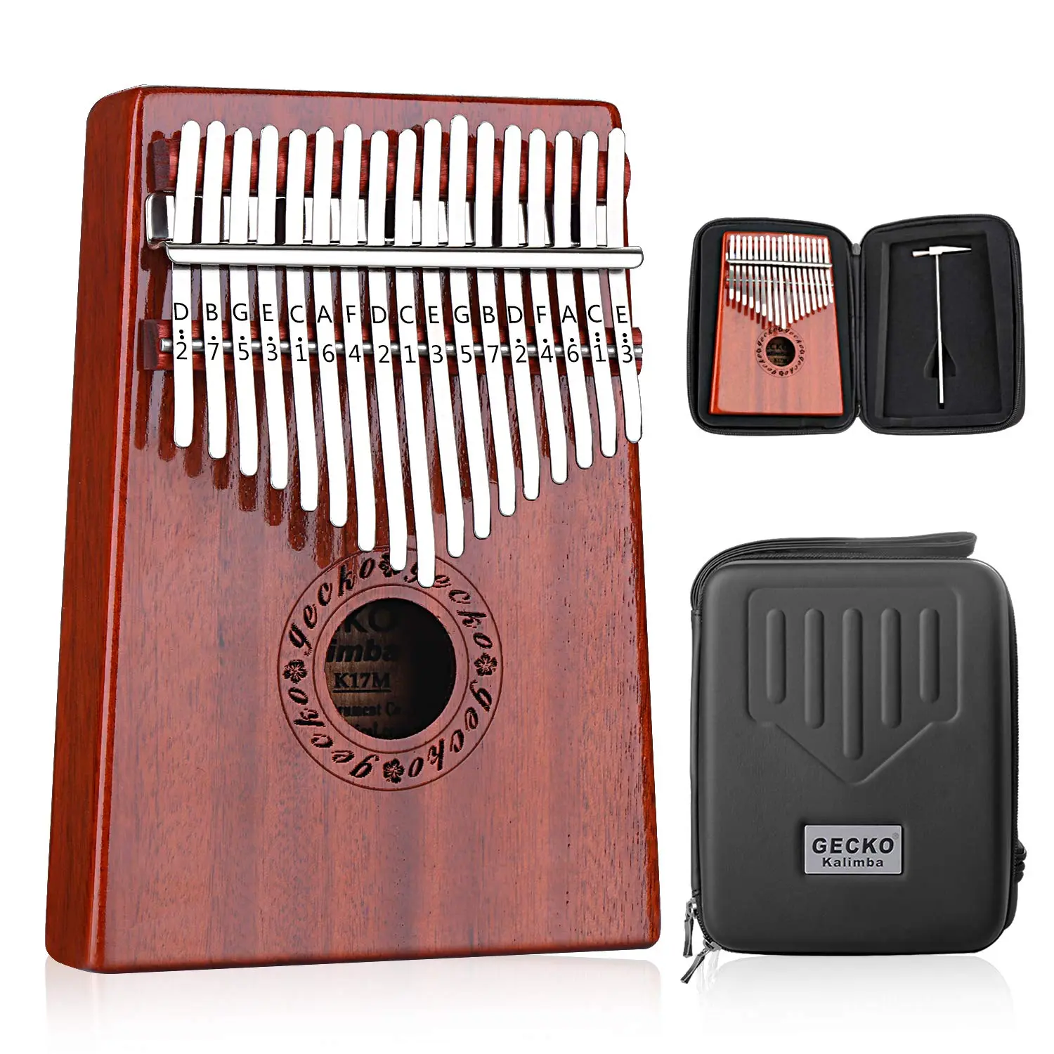 GECKO 17-Key Mahogany Wood Kalimba (Mbira Sanza) - Portable Alloy Steel Thumb Piano, Percussion Instrument with Waterproof Box, Tune Hammer, Instructions, Recording Function for Beginners, Ideal for School, Relaxation, Family