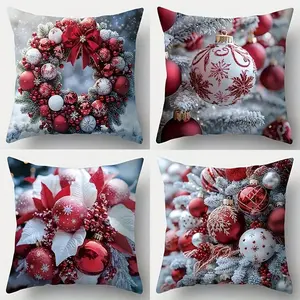 4pcs, Christmas Theme Throw Pillow Covers, Modern Style, Red and Silvery Festive Design, Wreath and Bell Pattern, Cushion Cover Decoration for Couch Sofa, Room Decor and Bedroom Decor, Single Sided Printing, Cushion Slipcovers, No Pillow Core