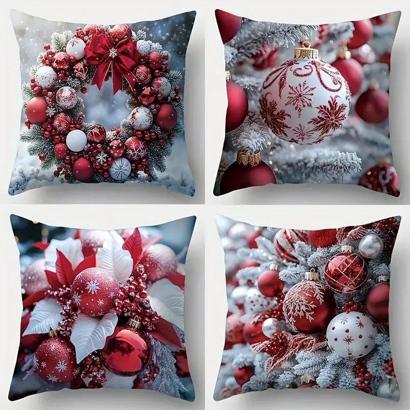 4pcs-Christmas Theme Throw Pillow Covers, Modern Style, Red and Silvery Festive Design, Wreath and Bell Pattern, Cushion Cover Decoration for Couch Sofa, Room Decor and Bedroom Decor, Single Sided Printing, No Pillow Core