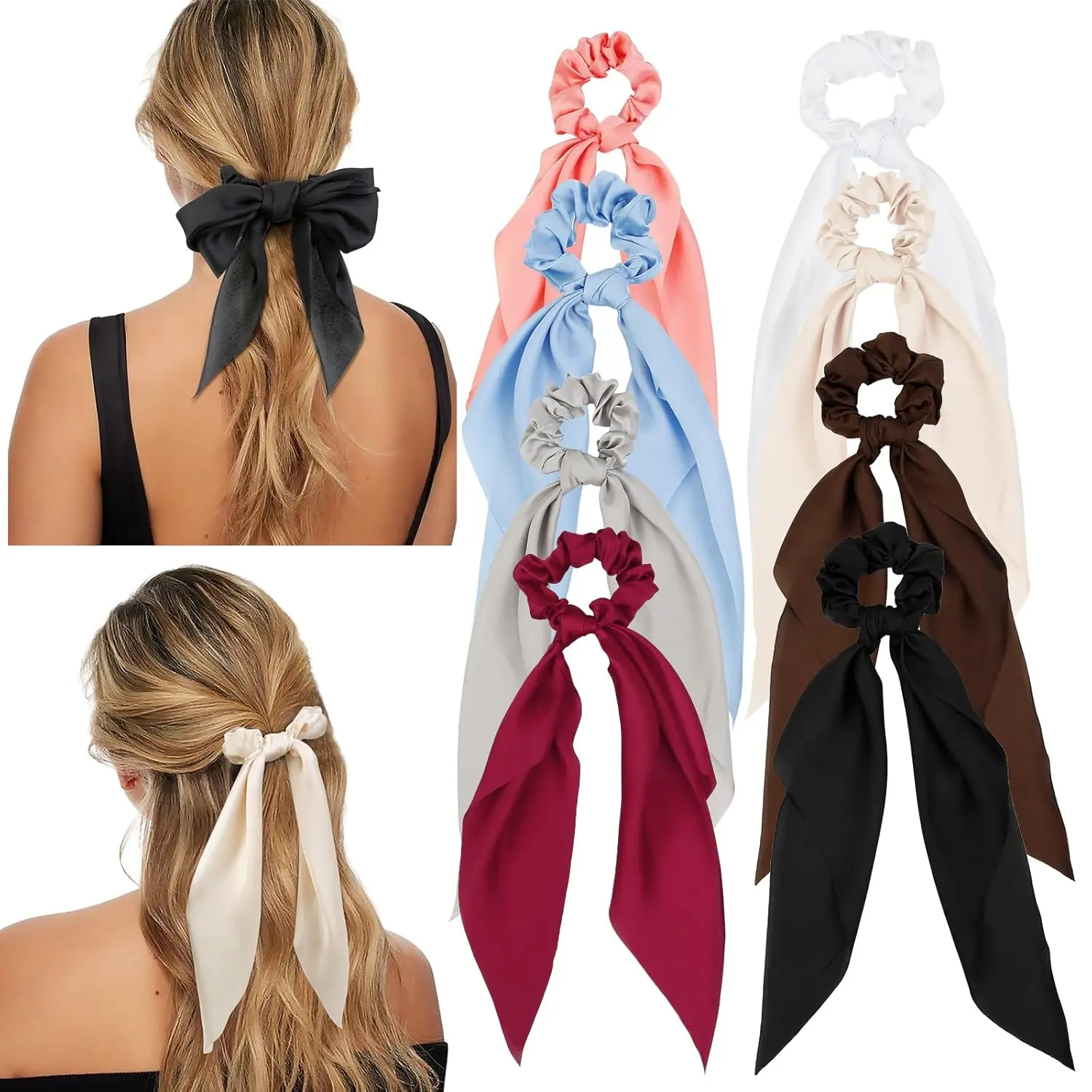 Elegant 8 PCS Bow Hair Scrunchies Set Detachable Silky Satin 