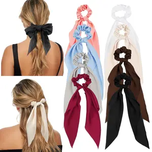 Elegant 8 PCS Bow Hair Scrunchies Set Detachable Silky Satin Hair Ties for Women Girls with Long Ribbon Bows Ponytail Holder Elastic Knotted Bow Silk Hair Accessories