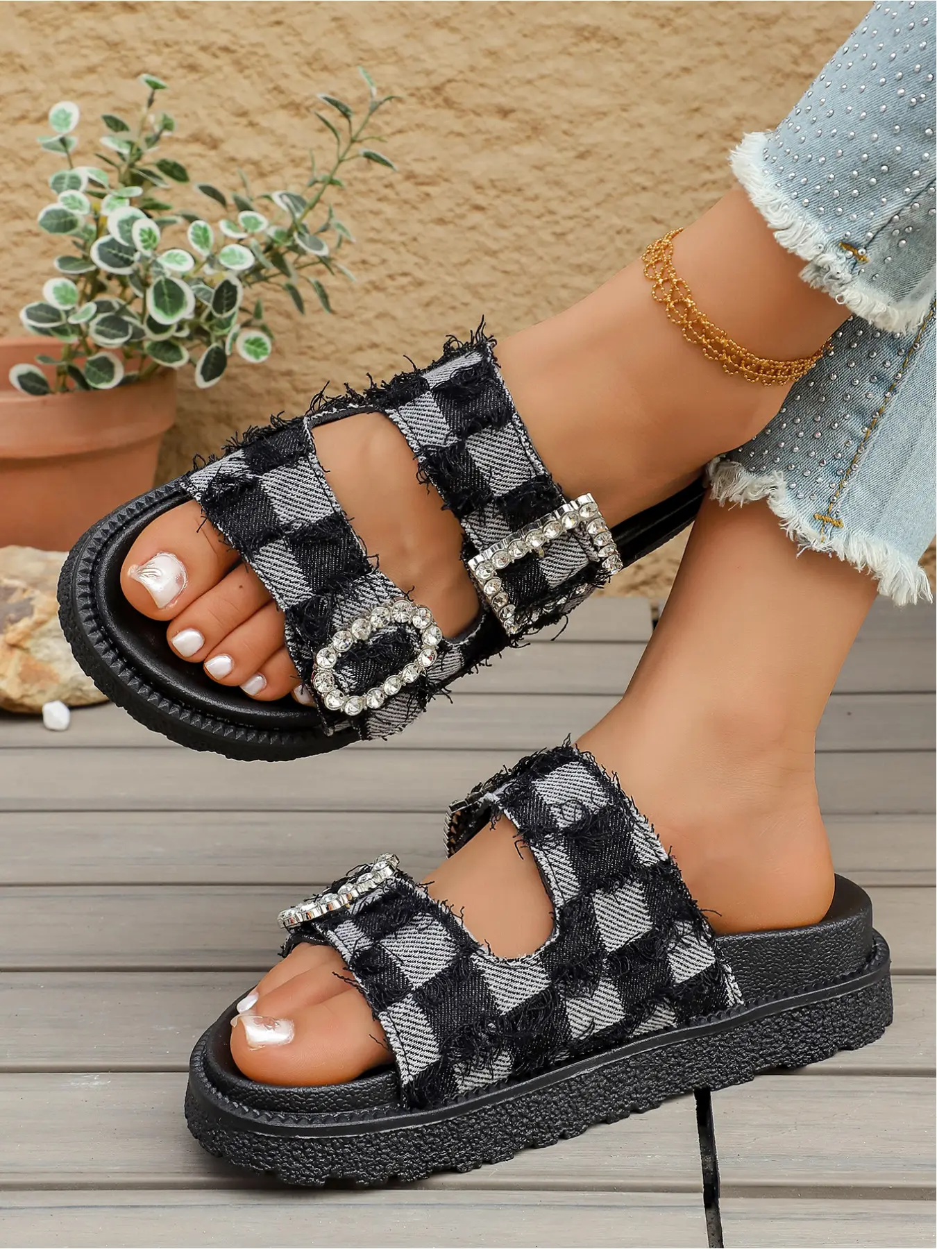 Everyday Black & Grey Plaid Slides, Two-Strap Rhinestone Platform Sandals, Double Strap Sandals