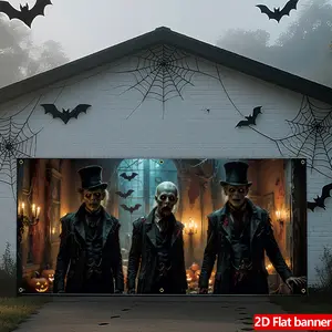Halloween Garage Banner, Vintage Dress Horror Figures, Bat & Pumpkin Background, Durable Polyester, Perfect for Party Decorations