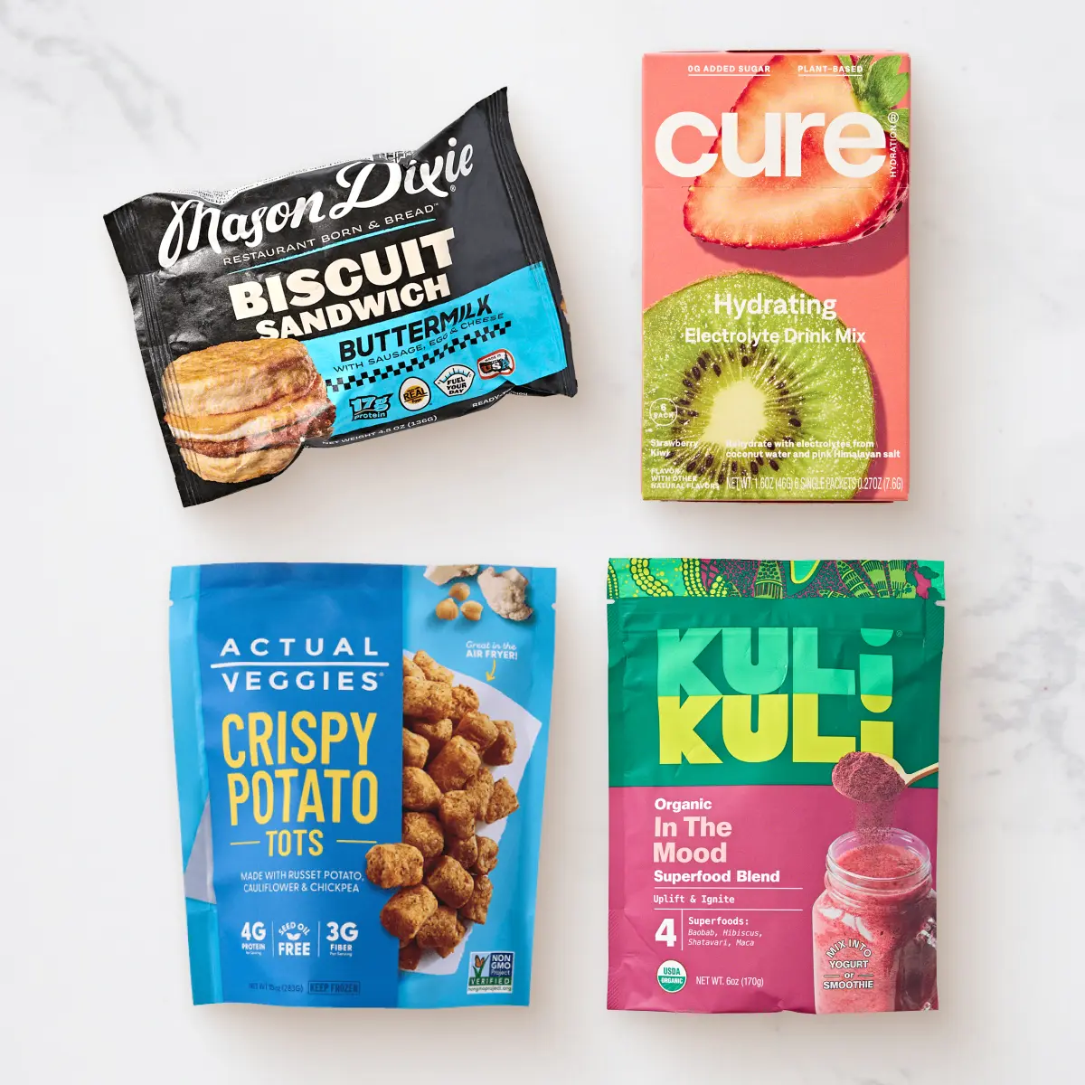 Hungryroot Drink & Snack Variety Box | Strawberry Kiwi Electrolyte Mix, Superfood Blend, Biscuit Sandwich & Potato Tots