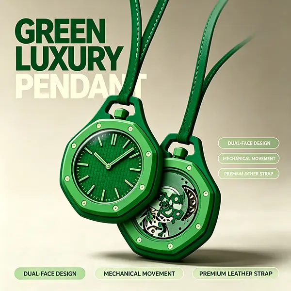 Unisex Octagon Hollow Skeleton Mechanical Lanyard Pocket Watch - Matte Green Textured Grid Dial, Polished Hour Markers, Leather Strap Necklace, Minimalist Casual Luxury Accessory, Transparent Skeleton Back, Formal/Street Sports Daily Outfit Piece