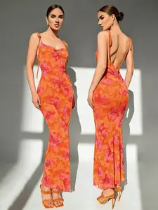 Women's Floral Print Backless Mermaid Dress, Tie Adjustable Shoulder Strap Bodycon Evening Gown, Vacation Party Island Photo Date Night Dancewear, Formal Bodycon Dress