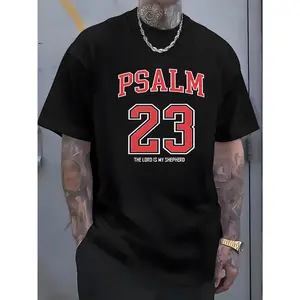 Men's 100% Cotton T-Shirt with "Psalm 23 The Lord Is My Shepherd" Print - Classic Black and White, Short Sleeve, Crew Neck, Relaxed Fit, Casual Streetwear Style, T Shirt