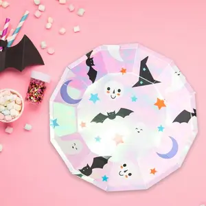 9-Inch Moon-Shaped Halloween Icon Plate Set (Set of 8) - Glitter, Iridescent, Unique Design with Skeletons, Ghosts, Stars, Witch Hats for Halloween Party Celebrations