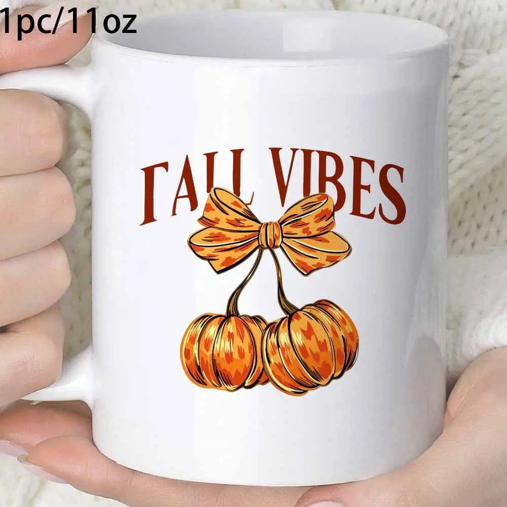Fall Vibes Pumpkin Bow Coffee Mug 11oz White Ceramic Cup Autumn Season Decor Drinkware Fall Thanksgiving Gift