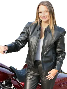 Braid Trim Leather Motorcycle Jacket For Women #L472ZL
