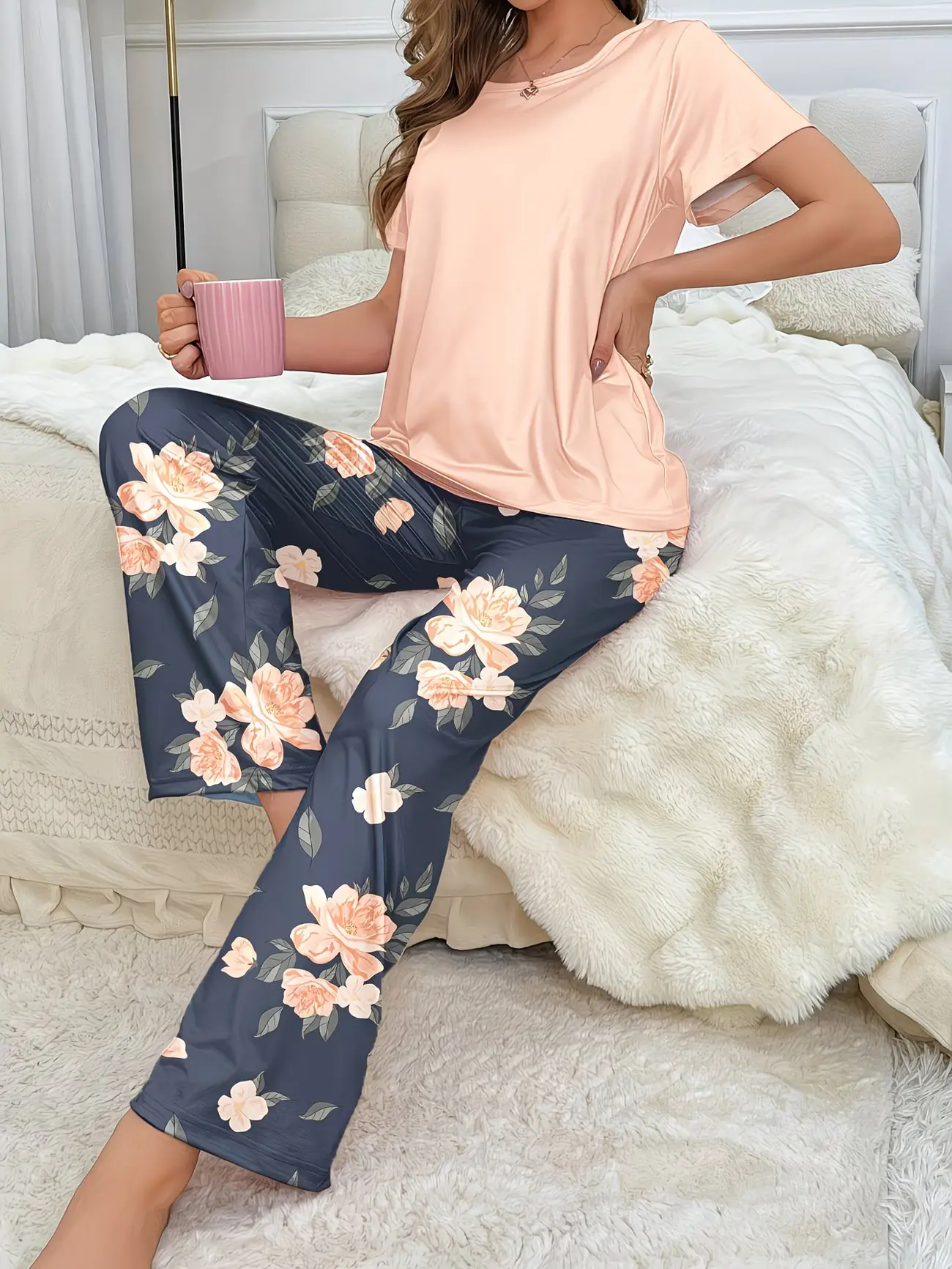 2-Piece Pajamas, Floral Print Pajamas, Women's Soft Loungewear, Short Sleeve PJs Set, Casual Home Bed Set, Floral Print Nightwear, Comfortable Sleep Bottoms