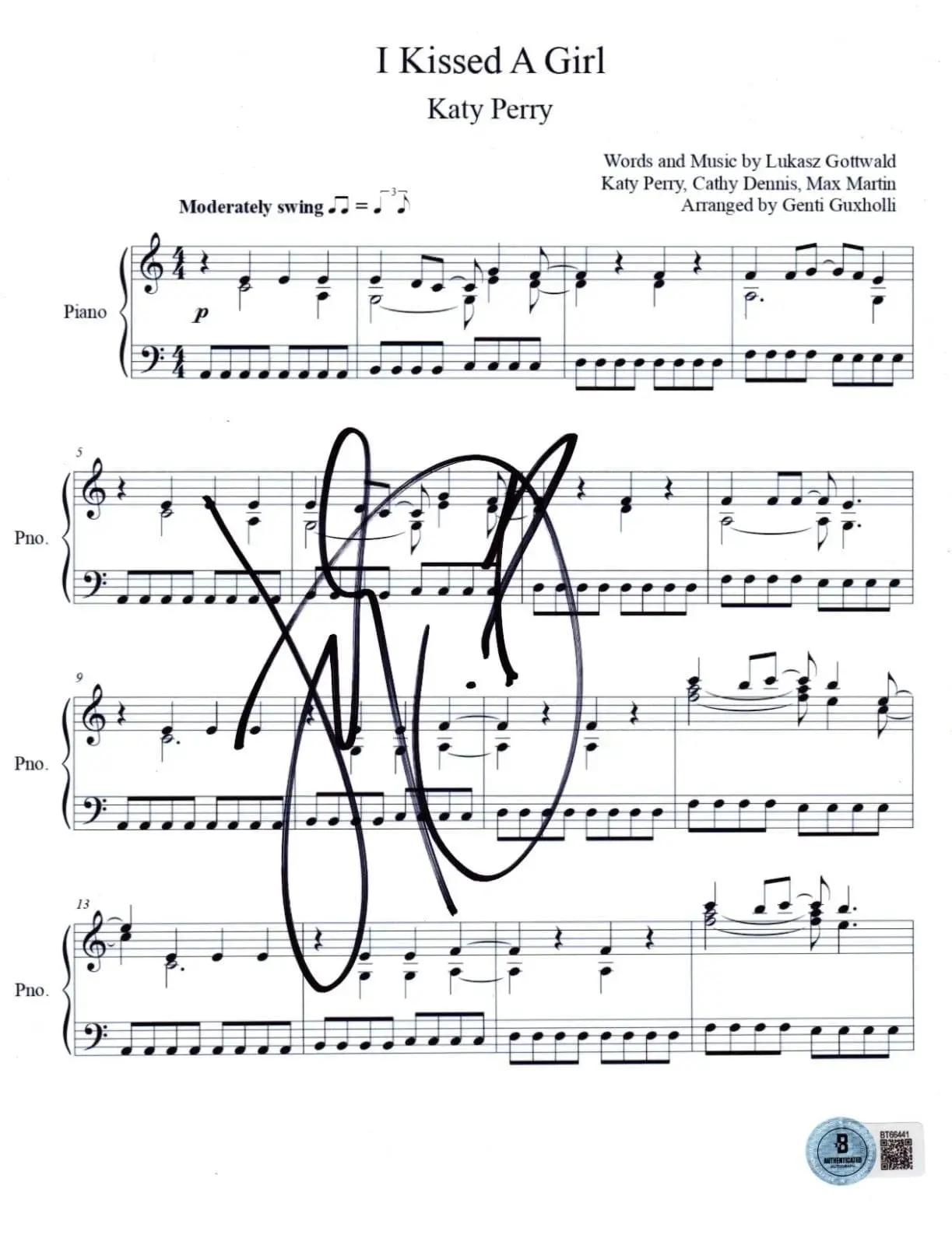 Katy Perry Authentic Autographed I Kissed A Girl Sheet Music