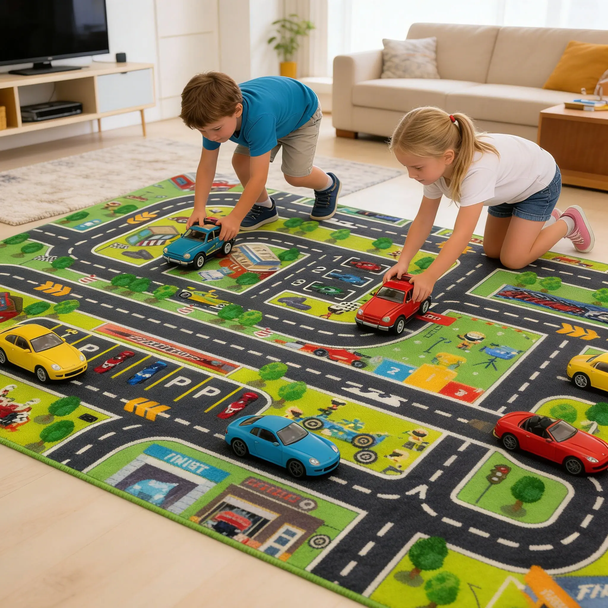 Road Car Rug, City Road Rug for Kids, Kids Floor Play Mat and Car
