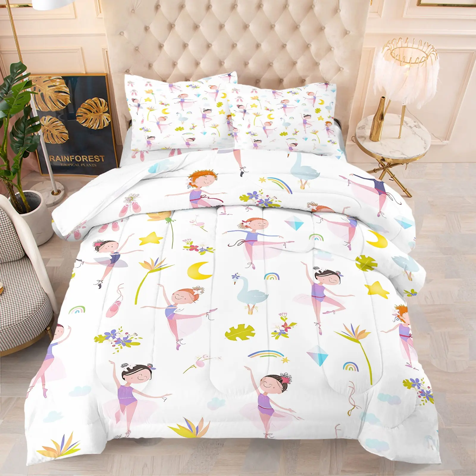 Ballet Princess Themed Comforter Set, 1 Comforter and 1-2 Coreless Pillowcases, Soft Warm Blanket with Little Girl Dancing Ballet & Rainbow Stars Moon Patterns, Sweet Bedroom Decor, Gift for Kids