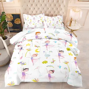 Ballet Princess Themed Comforter Set, 1 Comforter and 1-2 Coreless Pillowcases, Soft Warm Blanket with Little Girl Dancing Ballet & Rainbow Stars Moon Patterns, Sweet Bedroom Decor, Gift for Kids
