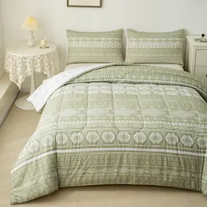 Boho Stripe Designer Comforter Set,Bohemian Aztec Comforter,Folkloric Art Luxury Bedding Set,Green Designer Comforter Set Exotic Tribal Quilt Sets