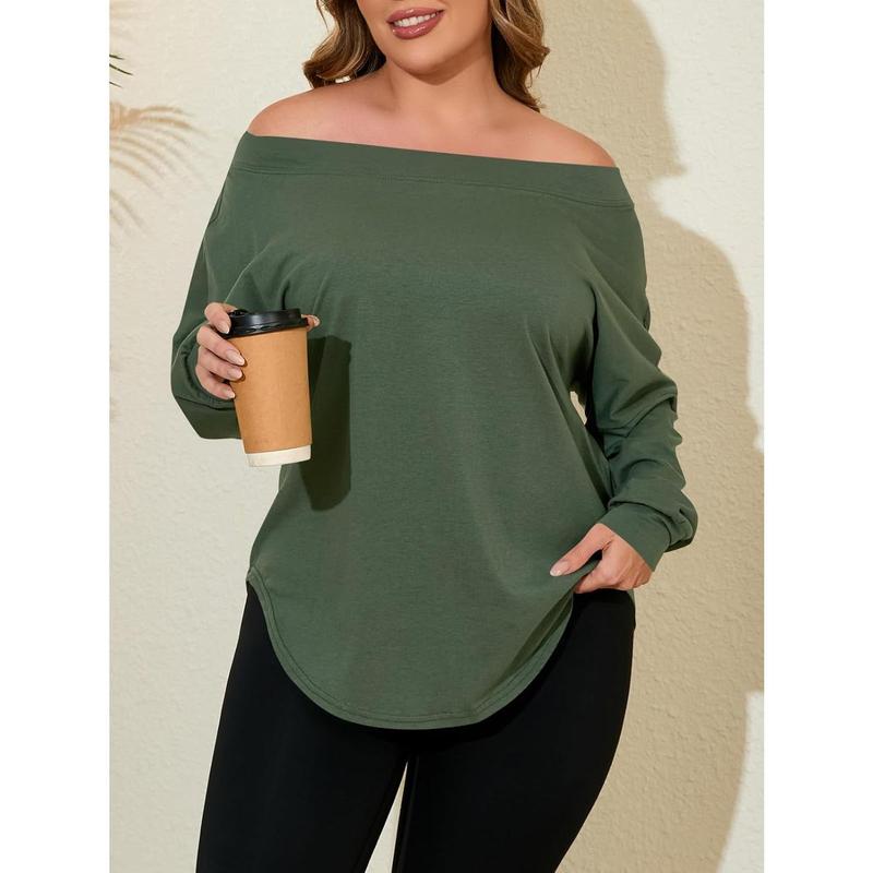 Women's Plus Size Tops Off Shoulder Long Sleeve Loose T Shirts Casual Curved Hem Tunics Tee Shirt
