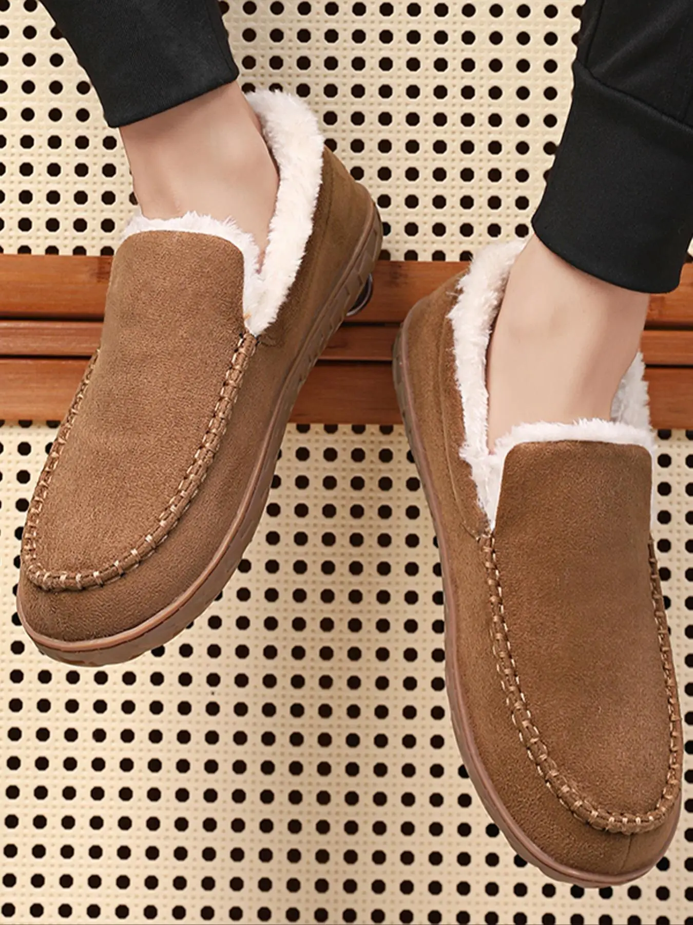 Men's Casual Solid Color Plush Lining Slippers, Men Shoes, Slippers for Men, Non-slip Warm Home Slippers, Comfortable Silent Anti-slip Loafer Shoes fo