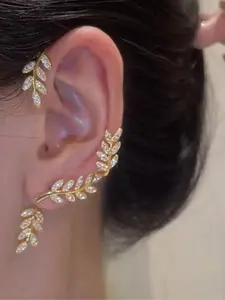 Leaf Design Rhinestone Decorated Zinc Alloy Ear Cuff, Clip On Earrings, Elegant Jewelry for Party, Daily Clothing Decor for Girl, Minimalist Style Earring for Daily Wear, Trendy All-match & Exquisite Jewelry for Birthday Gift