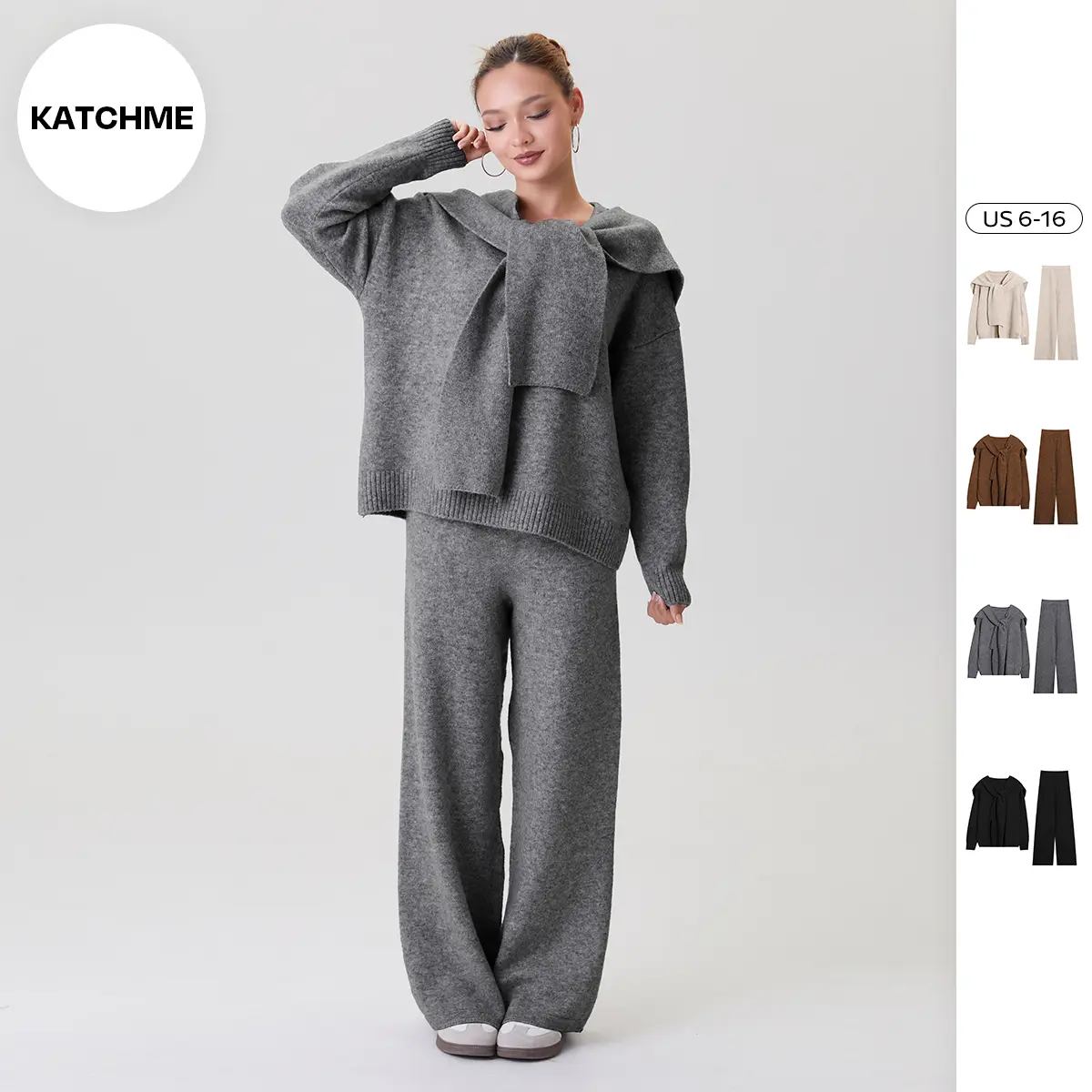 KatchMe Women's Basic Solid Color Soft Thermal Sweater with Scarf & Wide Leg Trousers Co-ord, Cozy Minimalist Two Piece Outfits for Fall & Winter
