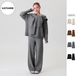 KatchMe Women's Basic Solid Color Soft Thermal Sweater with Scarf & Wide Leg Trousers Co-ord, Cozy Minimalist Two Piece Outfits for Fall & Winter