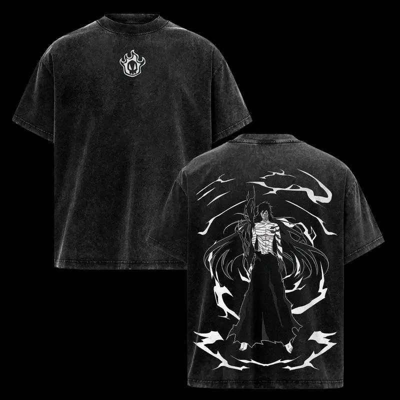 Vintage Graphic Print T-Shirt for Men, Kurosaki Ichigo Anime Figure, Oversized Washed Cotton Streetwear with Round Neck, Tshirt, Distressed, Vintage Wash Vibe, Fitted, L, Attack On Titan Cosplay Men's Short-Sleeve T-Shirts, Sportswear, Oversize Tee