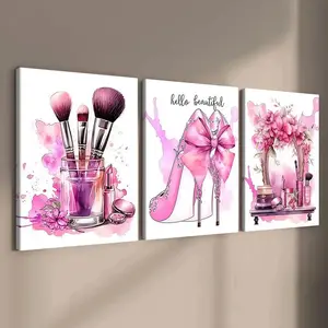3 count wooden frame canvas, Canvas Prints, Pink beauty fashion Art poster, Fine women's room poster, Stylish bedroom Decoration, Modern Art home Decoration, Living Room and Corridor wall Decoration, HD, waterproof, Art contemporary cuadro