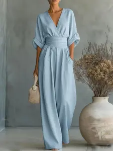 Women's Fashion Summer New Elegant Waist Cinch V Neck Dress, Comfortable Soft Fabric, Multiple Colors, Casual Back Zipper Solid Color, Womenswear