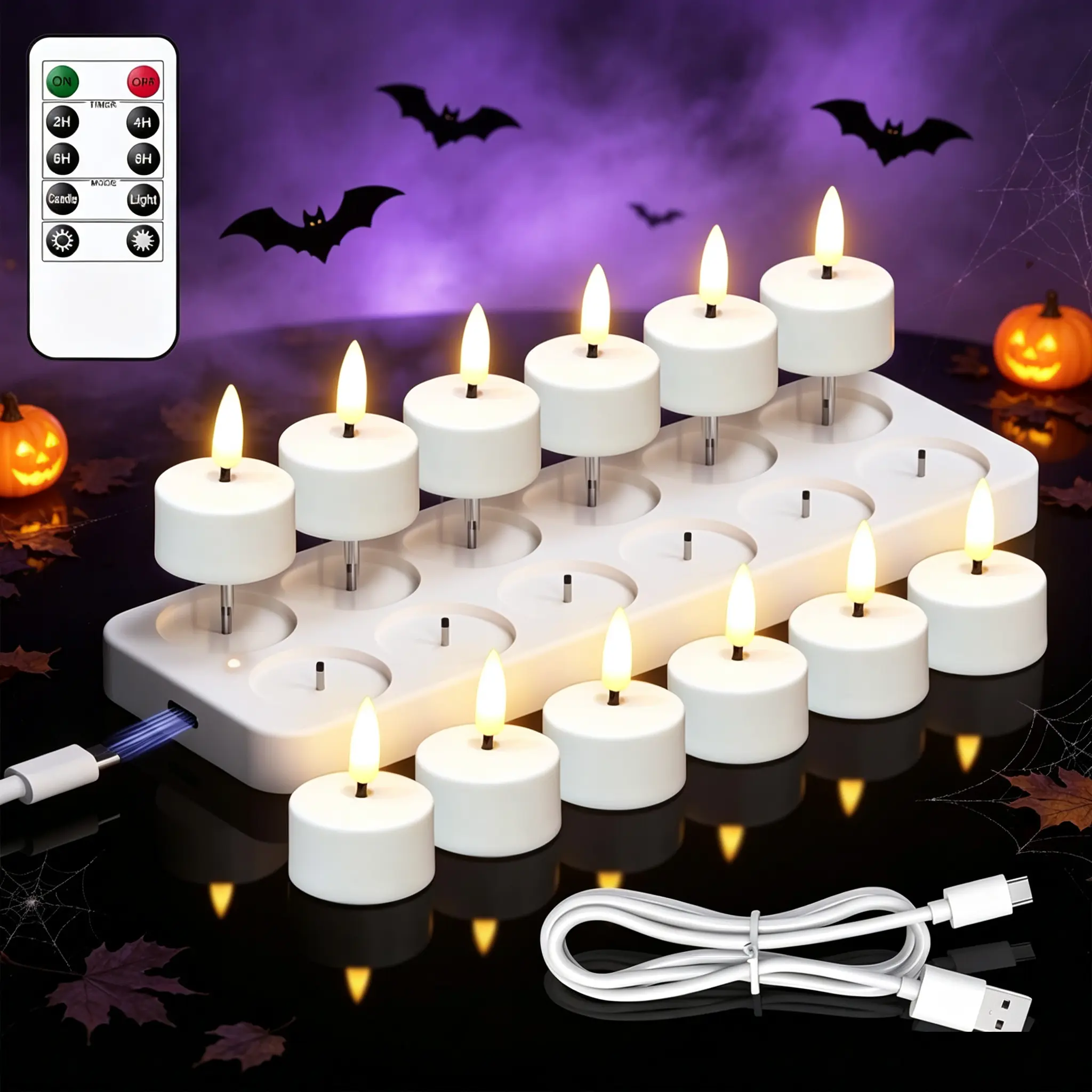 Tealight Flameless Candles Remote Timer Charging Base,12pcs Rechargeable USB C Tea Lights Candles for Wedding Christmas Halloween Decor with Remote Control for Home Table Glass Jars or CANDLE Holder