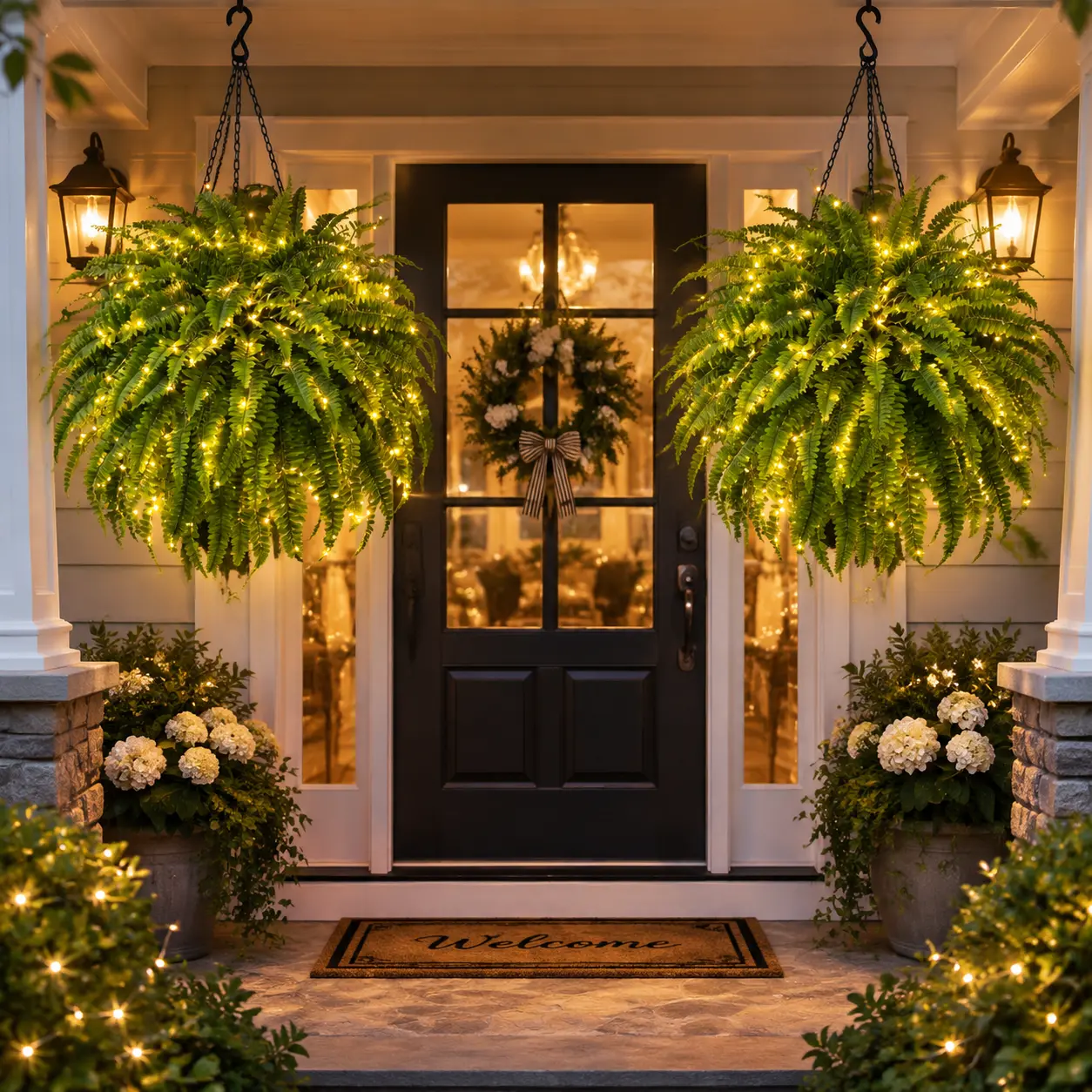 80 Heads Lighted Boston Fern Hanging Basket, Large Artificial Fern Plant with 30M Warm LED String Lights & Metal Hanging Chain, Outdoor Porch Decor for Front Door, Patio, Garden