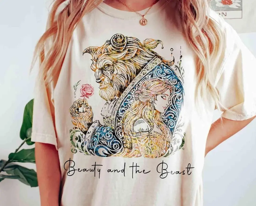 Adult Vintage Beauty & The Beast Art Rose T-Shirt, Belle Princess And Beast Tee, Tale As Old As Time, Magic Kingdom Family Vacation Trip s