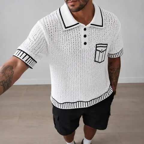 Men's summer cool knit short-sleeved shirt, Bohemian style casual resort wear, loose fit, with a lapel collar and button closure. Menswear Top Shortsleeve Tshirt Tropical Streetwear,back to school,back to school shopping White